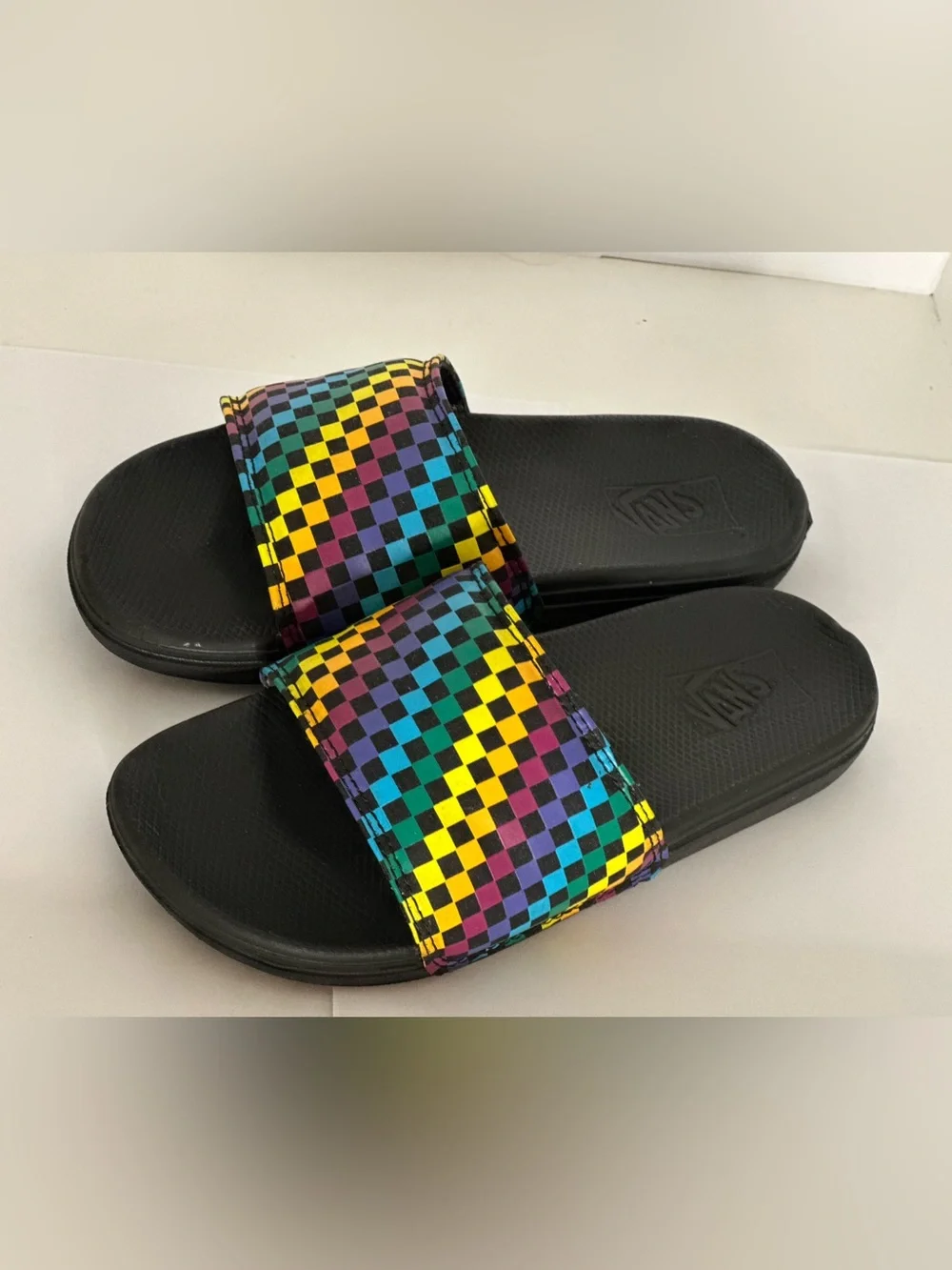 VANS | Cushy Black Slide Sandals with Rainbow Checkerboard Strap | Size 3 Y